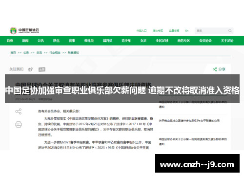 中国足协加强审查职业俱乐部欠薪问题 逾期不改将取消准入资格
