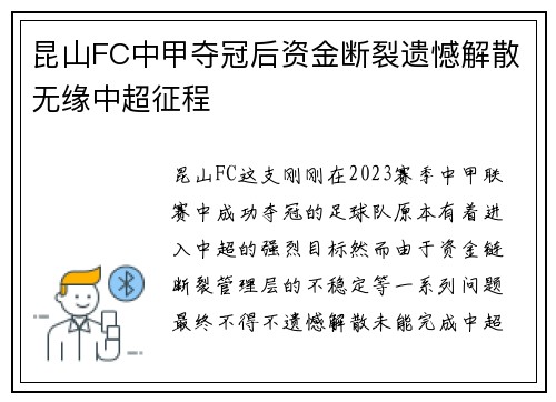 昆山FC中甲夺冠后资金断裂遗憾解散无缘中超征程