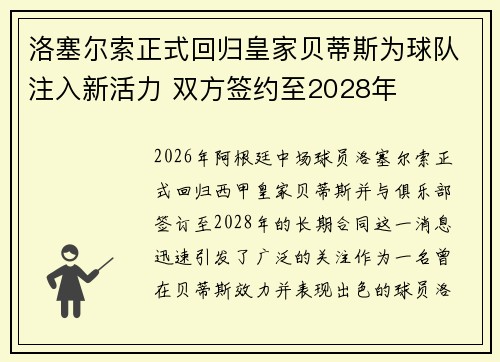 洛塞尔索正式回归皇家贝蒂斯为球队注入新活力 双方签约至2028年 洛塞尔索正式回归皇家贝蒂斯为球队注入新活力 双方签约至2028年